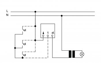 Obr. 6: Zapojenie krátkocestného stmievača s možnosťou ovládania z ďalších miest