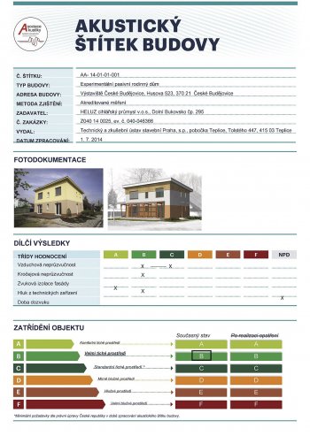 Akustický štítok budovy experimentálneho pasívneho domu HELUZ TRIUMF s hodnotením B &ndash; veľmi tiché prostredie.
