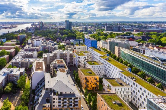 Evapotranspirácia (odparovanie vody z vegetácie) takisto redukuje efekt mestského tepelného ostrova. Zelené strechy v meste to umožňujú. Na obrázku je vidieť, že nie je problém aplikovať zeleň ani na strechy panelových domov. (Autor: Dominik Michalek, Shutterstock)