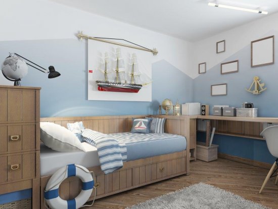Detská izba v námorníckom štýle upúta hneď na prvý pohľad, aj bez toho, aby v nej boli nejaké extrémy a zachováva si príjemný dojem. Zdroj : KUPRYNENKO ANDRII, Shutterstock.