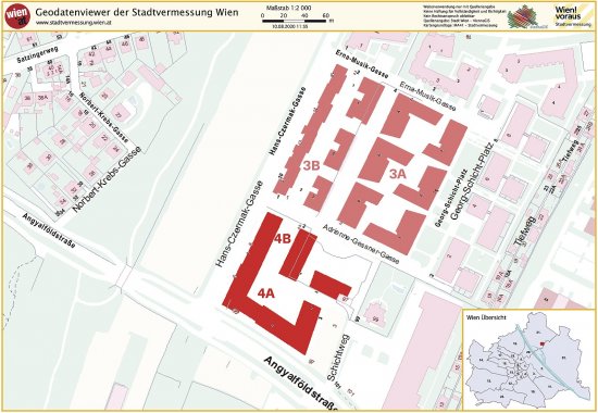 Geodetická mapa Viedne s vyznačením bytových domov Schichtgründe (zdroj: Geodatenviewer der Stadtvermessung Wien, www.wien.gv.at)
