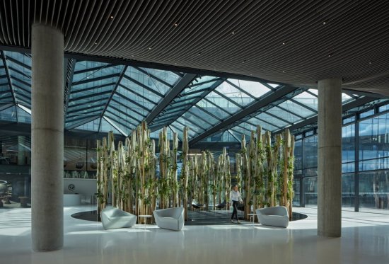 Celkom 76 špeciálne upravených agátových kolov „osídlených“ zelenými rastlinami dotvára svojimi tvarmi i rozlohou unikátnu atmosféru vstupného lobby. Foto: BoysPlayNice