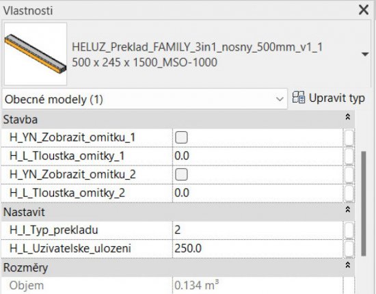 Parameter pre zmenu veľkosti dutiny pre vonkajšiu tieniacu techniku pre preklad HELUZ FAMILY 3in1 nosný (REVIT).