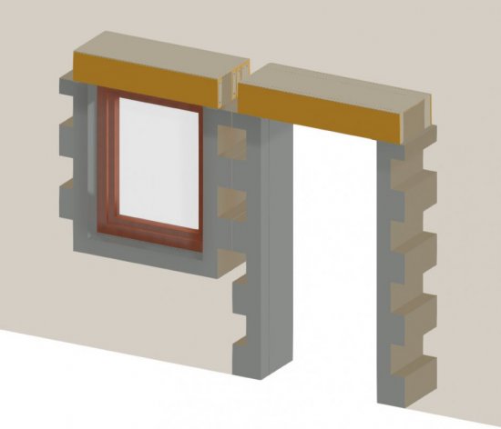 Zobrazenie kladenia doplnkových tehál a prekladov (REVIT).