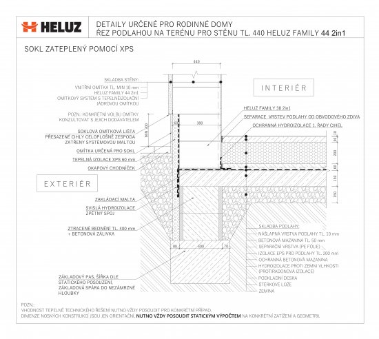 HELUZ Galéria CAD detailov umožňuje filtrovanie podľa šírky obvodovej steny. Na ukážke rez podlahou na teréne pre stenu hrúbky 440 HELUZ FAMILY 442in1 – sokel zateplený pomocou XPS.