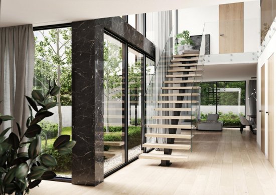 Nosná konštrukcia schodiska SKELET je tvorená masívnym jaklom, schodnica z dreveného masívu. Foto: JAP FUTURE