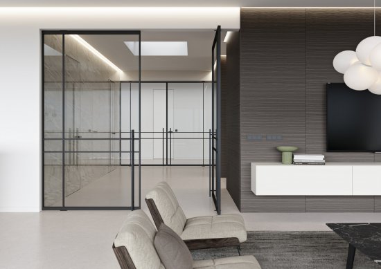 Otočné dvere DIVALINE, dvojkrídlové, pivotový pánt, číre sklo, obklad EFEKTA s dyhou Latho