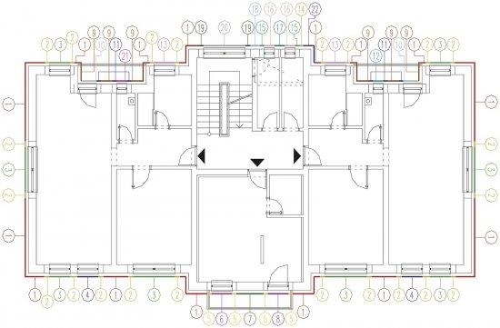 Obr. 2: Zobrazenie vymodelovaných výsekov obvodovej steny v pôdoryse II. NP
