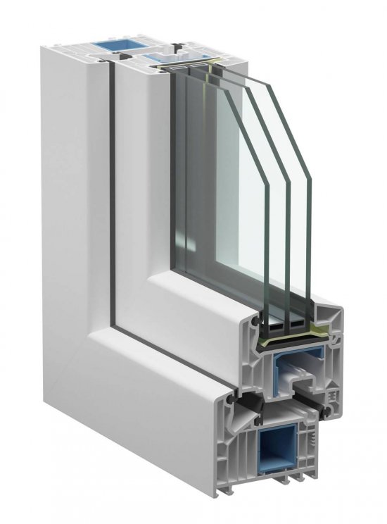 Z profilov VEKA Softline 82mm sú vyrábané napríklad plastové okná Stavona Centro. V reze je vidieť systém tesnenia, jednotlivé komory aj výstužný profil