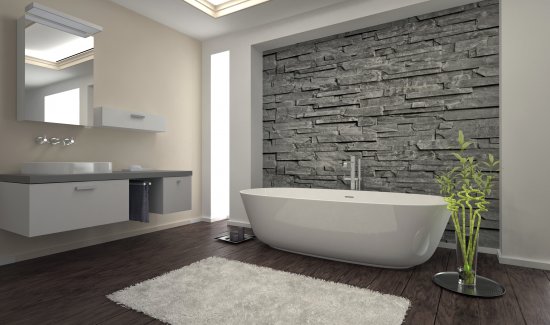 Čo takto ozvláštniť stenu kúpeľne obkladovým kameňom? Zdroj: PlusONE, Shutterstock