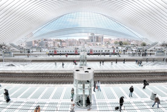 Stanica v belgickom Liège pripomína spredu vtáka, zhora zase rybu. Fasáda tejto stavby je netradičná a stiera hranice medzi interiérom a exteriérom foto: Lukas Bischoff Photograph