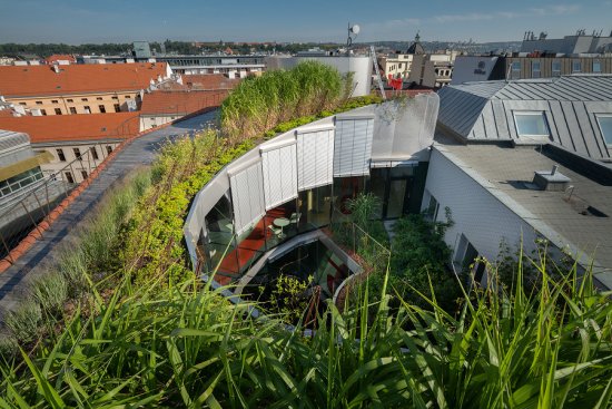 Zelená strecha ponúka posedenie a bylinkovú záhradu s výhľadom na areál firmy, prírodu aj Vizovice.